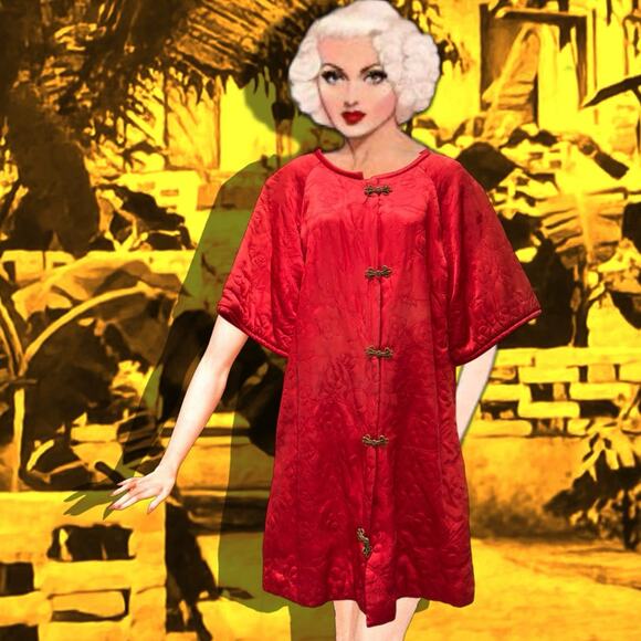 Vintage Other - Vintage 1940s Red Quilted Satin Robe Bed Jacket Chinese Frog Closures Lined